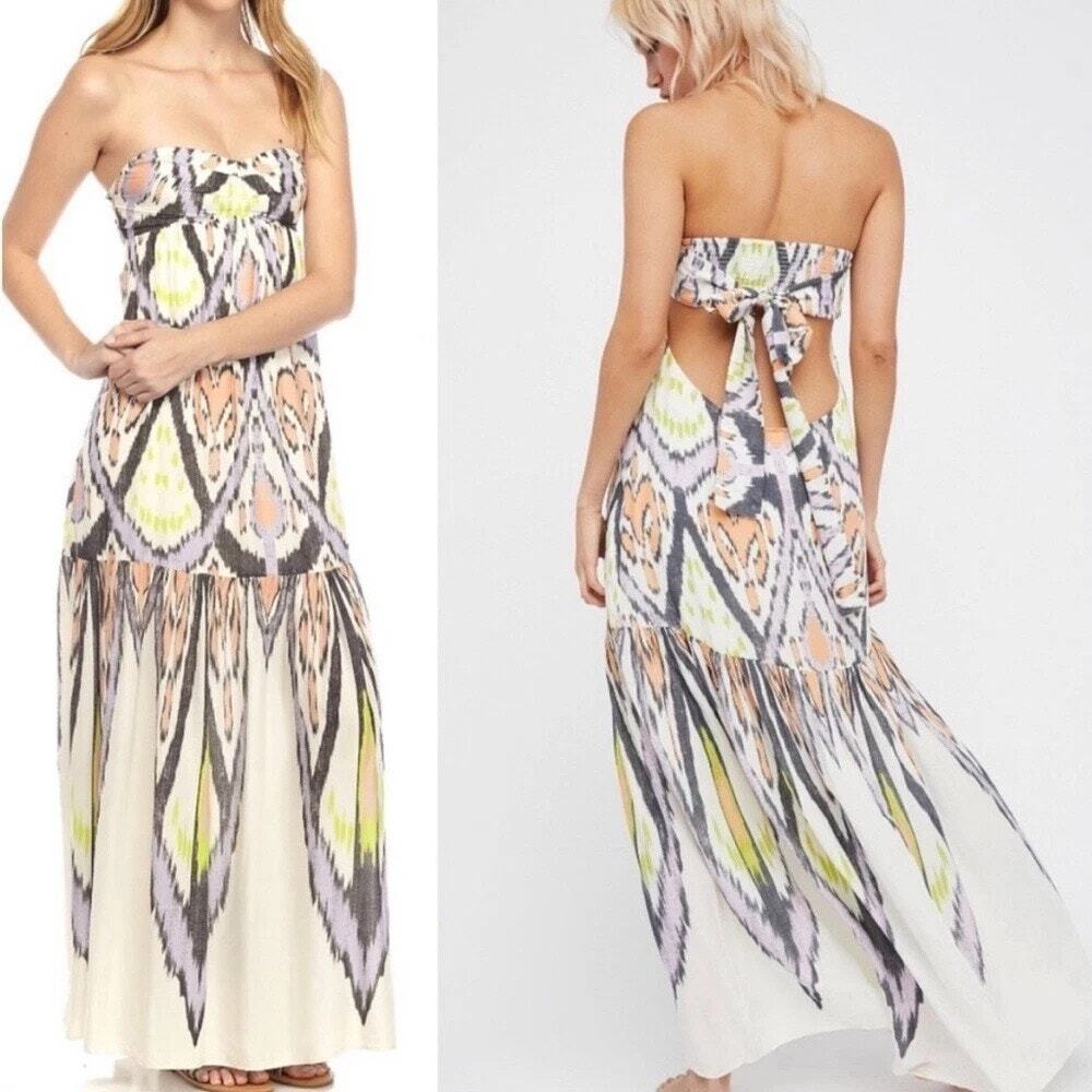 Free People Ikat Print Mojave Strapless Maxi Open Back Dress White Blue Aztec